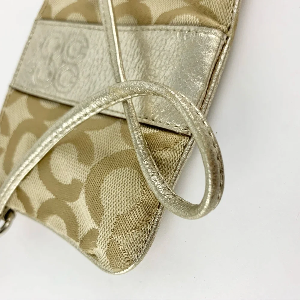 Coach Signature Print Metallic Wristlet Coin Card Wallet